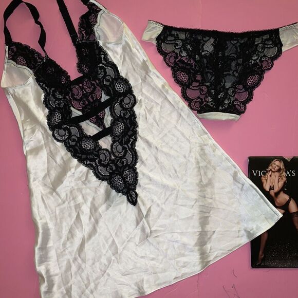 Victoria's Secret S SLIP Nigh Gown WHITE Black lace animal Print Bow FABULOUS - Picture 8 of 8